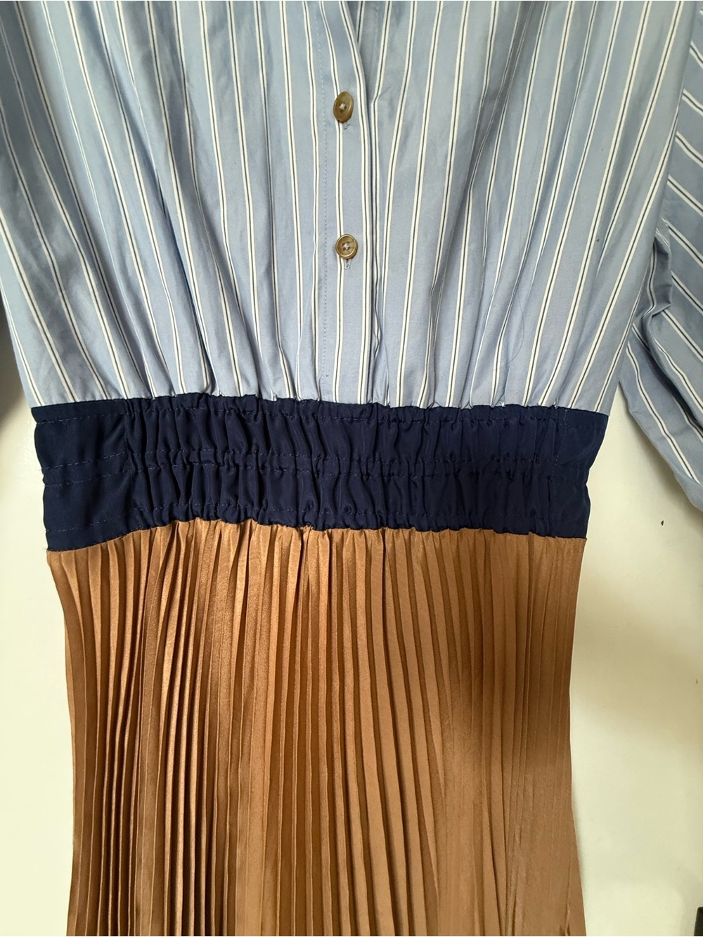Anthropologie Striped Blue Shirt Top, Navy Waist, Camel & White pleat skirt - Picture 4 of 8